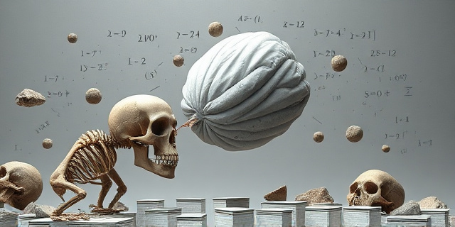 Una ilustración conceptual y surrealista que muestra la evolución de un cráneo humano transformándose en un globo que se infla azarosamente. El fondo es un collage de fósiles y fórmulas matemáticas flotando en un vacío grisáceo. Estilo de arte digital limpio, con un contraste entre la piedra antigua y elementos modernos abstractos, sin rostros humanos reconocibles.