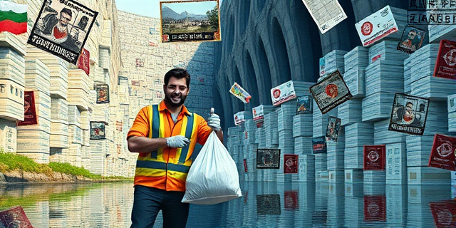 Una ilustración satírica y surrealista. Un hombre con ropa de voluntario y guantes, sosteniendo una bolsa de basura frente a un río limpio, mientras es rodeado por una montaña gigante de formularios burocráticos y sellos oficiales que parecen muros de concreto. Estilo editorial de revista, colores contrastados, atmósfera irónica.