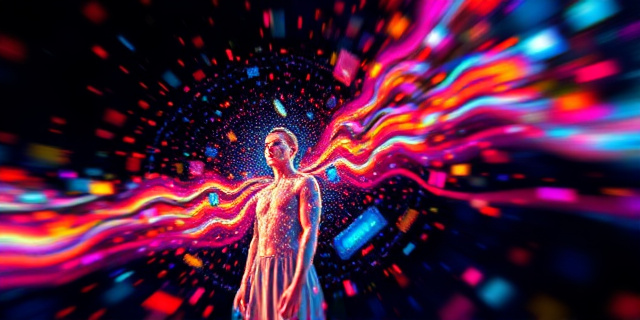 Una figura humana difuminada, envuelta en un remolino de colores vibrantes y caóticos, representando un sueño intenso y agotador. El fondo debe ser oscuro y sugerir la noche, con destellos de luz que simulan imágenes fugaces. Estilo impresionista abstracto.