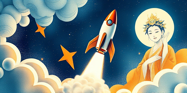 Una ilustración conceptual de un cohete estilizado despegando hacia un cielo estrellado, mezclando elementos de alta tecnología con iconografía japonesa de una diosa de la abundancia en el fondo como una acuarela etérea. Estilo editorial moderno, colores contrastados azul profundo y dorado.