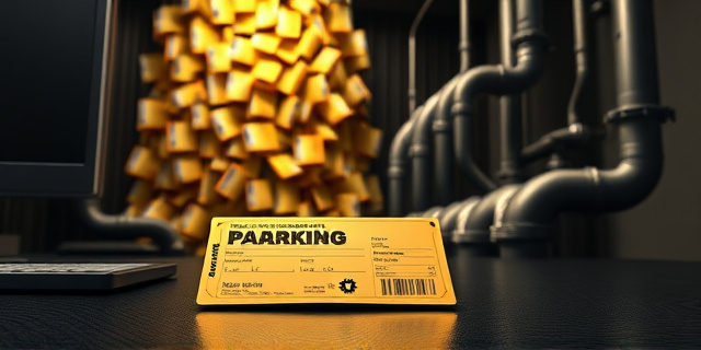 Una ilustración conceptual y satírica. En primer plano, un ticket de parking dorado y brillante sobre un escritorio de oficina gubernamental oscura. Al fondo, una cascada de billetes de euro que se transforman en tuberías industriales de acero. Estilo de caricatura editorial moderna, colores contrastados, atmósfera de secretismo y poder, sin rostros humanos identificables.