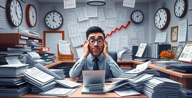 Imagen de una oficina con papeles y formularios de impuestos desbordados, con un empresario autónomo agobiado en el centro, rodeado de relojes y calendarios que marcan plazos y fechas límite, con un fondo de gráficos de bajada de productividad y aumento de fiscalidad.