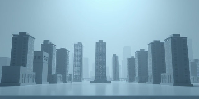 Imagen conceptual: Una ciudad minimalista con edificios que se achican progresivamente, simbolizando la disminución de la oferta de vivienda. Tonos grises y azules, con un foco de luz tenue en un único edificio que se mantiene firme. Estilo artístico: hiperrealismo con toques de surrealismo.