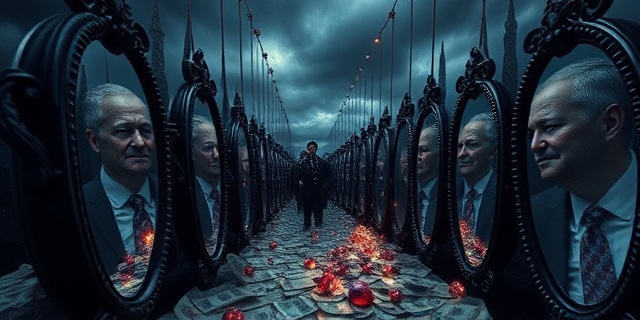 Un laberinto de espejos distorsionados que reflejan figuras políticas borrosas y joyas brillantes, con un fondo de billetes arrugados y un cielo tormentoso. Estilo pictórico, óleo sobre lienzo, colores oscuros y contrastados, simbolizando la corrupción y la falta de transparencia.