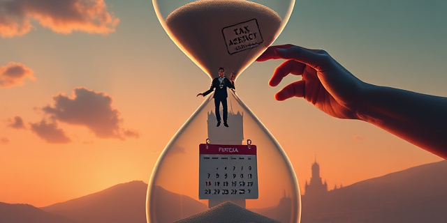 Una ilustración conceptual y satírica. Un reloj de arena gigante donde la parte superior es la silueta del Palacio de La Moncloa y la parte inferior es un mapa de Portugal. Dentro del reloj, un hombre elegante con un instrumento musical intenta equilibrarse sobre un calendario, mientras una mano gigante con el sello de 