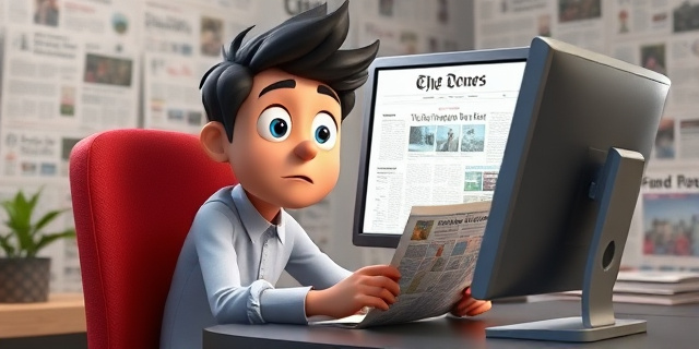 Una persona sentada frente a una pantalla de computadora, con una expresión de curiosidad y sorpresa, mientras navega por las portadas de los periódicos del mundo