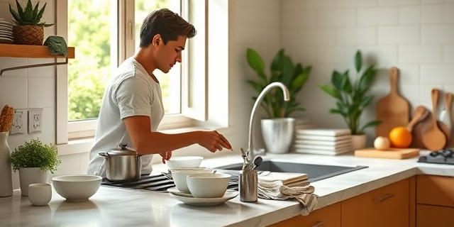 Una cocina española con una persona cocinando y limpiando simultáneamente, mostrando utensilios y platos sobre la mesa, con una sensación de orden y eficiencia. La escena evoca la idea de multitarea dentro de un espacio doméstico que se mantiene limpio y organizado.