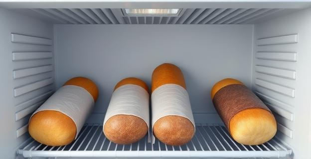 Imagen de un congelador con diferentes tipos de pan envueltos correctamente e incorrectamente, mostrando los efectos de la congelación en la textura y el sabor
