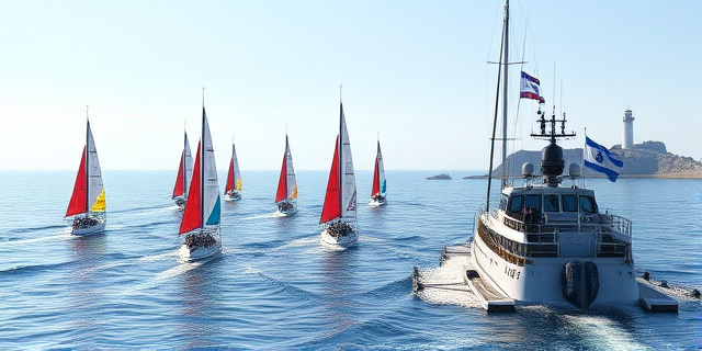 Un convoy de pequeñas embarcaciones de vela y motor, con banderas de colores vivos, se desplaza en aguas abiertas, mientras una patrulla de la armada israelí, con luces láser y arneses de seguridad, se acerca de manera intimidante. La escena se desarrolla cerca de una isla griega, con el horizonte marítimo y el faro de la costa visible a la distancia.
