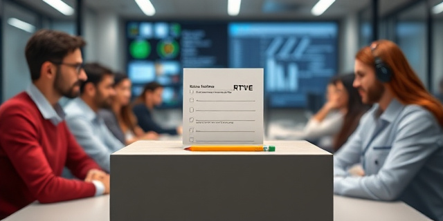 Una urna de votación en un centro de trabajo de RTVE, con un cuestionario y un lápiz, rodeada de empleados que observan con interés