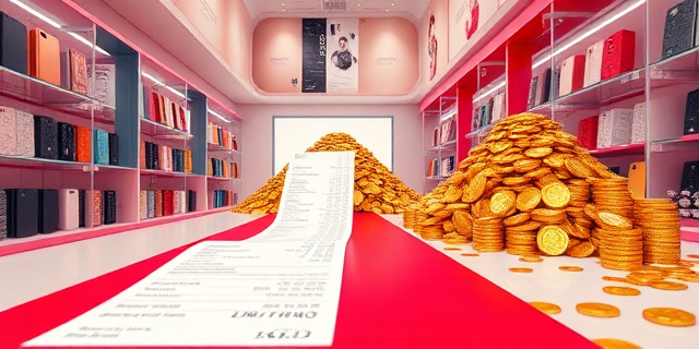 Una ilustración conceptual y satírica de una tienda de accesorios de móvil. En primer plano, un ticket de compra larguísimo que se convierte en una alfombra roja que lleva hacia una montaña de monedas de oro. Alrededor, fundas de móvil flotando como si fueran joyas de lujo en un museo, con un estilo artístico moderno, colores vibrantes y un toque de ironía visual sobre el consumismo.