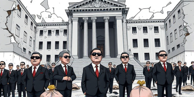 Una ilustración satírica de estilo editorial. Un edificio gubernamental imponente y gris donde las paredes se están agrietando y desmoronando. En primer plano, un grupo de funcionarios con trajes elegantes y gafas de sol, mirando fijamente hacia la dirección opuesta mientras detrás de ellos, figuras sombrías trasladan sacos de dinero a través de grietas en el suelo. Estilo de dibujo con trazos fuertes, colores desaturados y un toque de ironía visual.