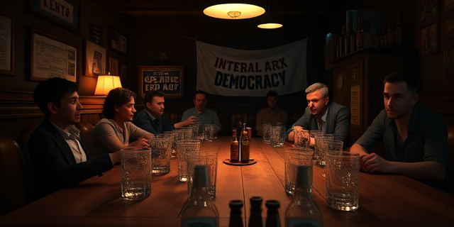 Una escena de un bar nocturno con luces tenues, una mesa de madera llena de copas vacías, un grupo de personas reunidas alrededor de una mesa, algunos con expresiones de urgencia y otro con una pancarta que dice 
