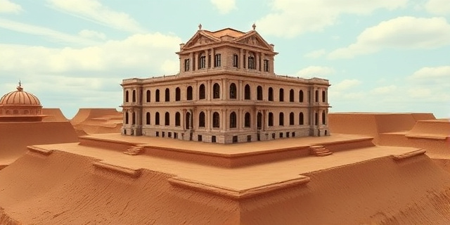Una imagen de un edificio de 100 pisos con un cimiento de arcilla, con un castillo de naipes en la parte superior