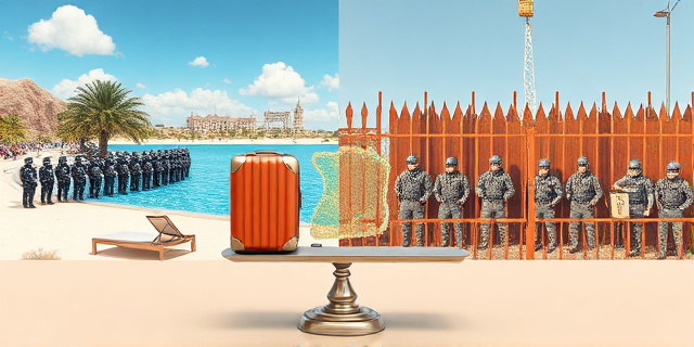 Una ilustración conceptual y satírica. A un lado, una playa paradisíaca con una tumbona lujosa rodeada por un muro infranqueable de agentes antidisturbios con escudos. Al otro lado, una valla fronteriza oxidada y débil con unos pocos agentes desbordados por una marea humana. En medio, una balanza desequilibrada donde una maleta de vacaciones pesa más que un mapa de la ciudad de Ceuta. Estilo editorial de revista política, colores contrastados.