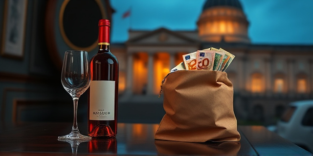 Una ilustración conceptual y satírica. En primer plano, una botella de vino caro y una copa de cristal sobre un escritorio de madera oscura y lujosa. Al lado de la botella, una bolsa de papel craft abierta de la que asoman fajos de billetes de euros. De fondo, la silueta difuminada de un edificio gubernamental clásico bajo una luz crepuscular fría. Estilo editorial de revista política, con contrastes fuertes y una atmósfera de misterio y corrupción.