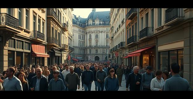 Una ciudad europea con calles concurridas y turistas, con un ambiente de inseguridad y delincuencia al fondo