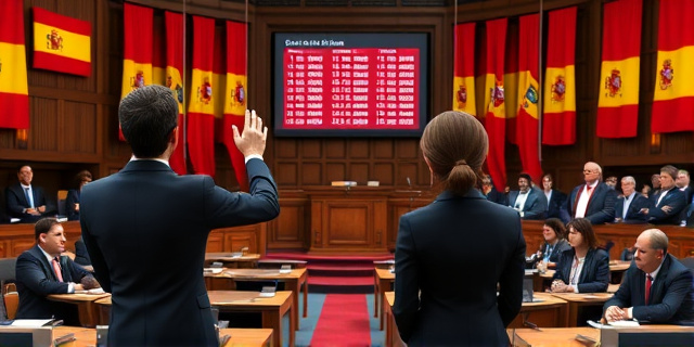 Una sala de debate parlamentario con un fondo de banderas españolas y un gran tablero digital que muestra fechas clave. Una mujer en traje ajustado levanta su mano para hacer un discurso mientras un grupo de políticos de distintas facciones escudriñan su discurso con expresiones de sospecha. No se muestra rostro de personas específicas.