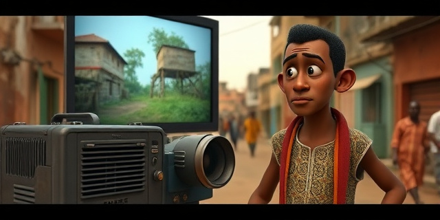 Una imagen de un proyector de cine con una pantalla detrás, mostrando una película africana. Al lado, un hombre vestido con ropa tradicional mozambiqueña, mirando la pantalla con una expresión de confusión. En el fondo, una ciudad africana con edificios destartalados y personas caminando por la calle.