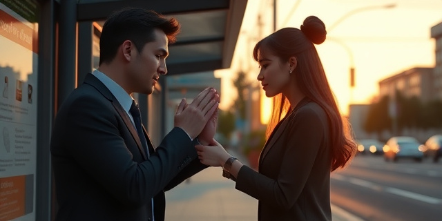 Un hombre besa la mano de una mujer en una parada de autobús al amanecer, luz suave, arquitectura urbana, tensión y formalidad en el gesto