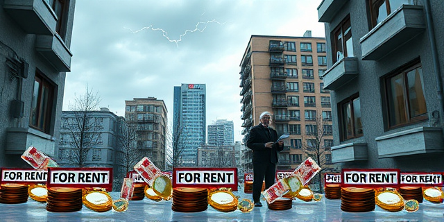 
  Imagen surrealista de un edificio de apartamentos con ventanas rotas y carteles de 