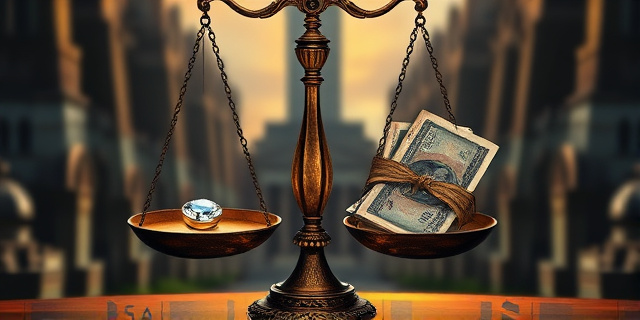 Imagen conceptual: Una balanza antigua, con una joya deslumbrante en un plato y un fajo de billetes desgastados en el otro. El fondo es un laberinto de edificios gubernamentales difuminados, con una luz dorada que ilumina la joya y una sombra oscura que cubre los billetes. Estilo pictórico, colores ricos y contrastados, atmósfera misteriosa y evocadora.