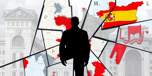 Una composición abstracta con líneas fracturadas en tonos grises y rojos, simbolizando la tensión política. Fragmentos de mapas de España desintegrándose y volviendo a ensamblarse, representando la idea de una 