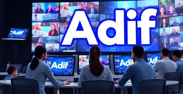 Una imagen que represente a un equipo de personas trabajando en una sala llena de pantallas que muestran noticias y redes sociales, con un gran logo de Adif en el fondo.