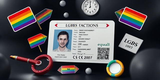 Una imagen conceptual que muestra un documento de identidad con un sexo cambiado, rodeado de símbolos de igualdad y derechos LGTB, pero con un fondo de sombras que sugieren dudas y controversia.