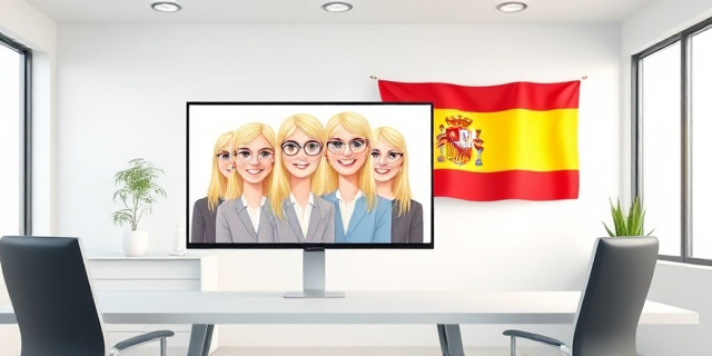 Una oficina moderna con una pantalla que muestra una foto de personas blancas y rubias sonrientes, al fondo una bandera española, sin rostros reales, estilo ilustración minimalista.