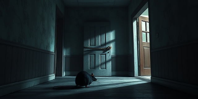 Una imagen oscura y surrealista. Una residencia de ancianos con arquitectura decrépita, rodeada de sombras alargadas. En primer plano, una rata observando una puerta atada con una cuerda. Un ambiente opresivo y desolador, con tonos grises y marrones. El estilo debe ser expresionista y evocar una sensación de abandono y desesperación.