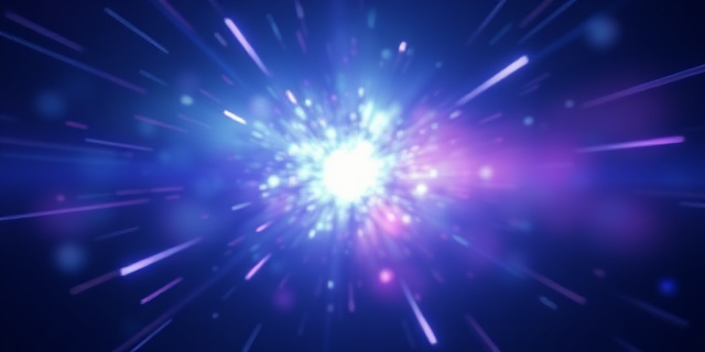 Representación abstracta de una explosión estelar en tonos azul y púrpura, con líneas de energía difuminadas que se desvanecen en el vacío.  Texturas fluidas y dinámicas que sugieren desintegración y ausencia de forma definida. Estilo impresionista futurista.