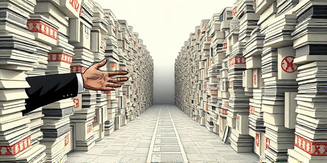 Una ilustración conceptual y satírica que muestra un enorme muro de papeles, expedientes y sellos burocráticos rojos bloqueando el camino entre dos costas. De un lado, una mano diplomática extendida esperando; del otro, un laberinto de leyes y carpetas archivadas que impiden el paso. Estilo editorial de periódico, colores sobrios con toques de rojo alarmista, sin rostros humanos definidos.