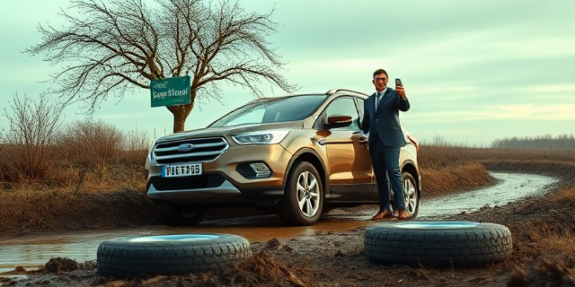 
   Una escena surrealista donde un guardia civil intenta empujar un SUV Ford Kuga atascado en un camino de tierra, con las ruedas girando en el aire como si estuviera en un parking de nieve. Al fondo, un cartel de 