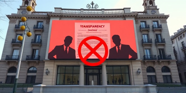 Un edificio público de Madrid con una gran pantalla que muestra un contrato de alquiler oculto, sombras de figuras políticas y un letrero de "Transparencia" tachado. No se incluyen rostros ni nombres específicos.