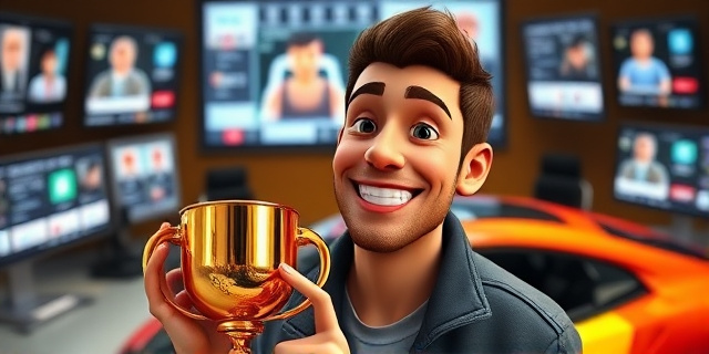 Un hombre sonriente con un trofeo, rodeado de pantallas de redes sociales y un coche de Lego en el fondo