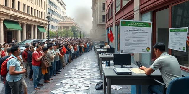 Un collage urbano mostrando una fila interminable de personas frente a una puerta de oficina gubernamental, con papeles y formularios desordenados en la mesa, mientras un funcionario parece confundido y una señal de "Certificado de Vulnerabilidad" se despliega en el aire como una nube de polvo. El ambiente transmite caos, burocracia y frustración.