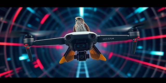 Una ilustración conceptual que contraste la rigidez de un dron moderno de fibra de carbono con la fluidez orgánica de un pequeño halcón australiano. El fondo es un túnel de viento tecnológico con líneas de flujo de aire dinámicas y caóticas en colores neón, resaltando la estabilidad del ave frente a la inestabilidad de la máquina. Estilo arte digital hiperdetallado, cinematográfico.
