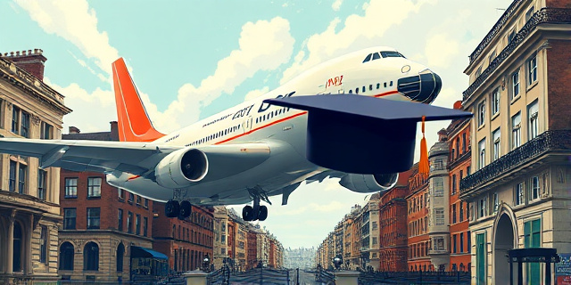 Una ilustración satírica de un avión militar gigante y lujoso aterrizando en una calle londinense, con un birrete de graduación gigante colocado sobre la cola del avión. Estilo editorial de revista, colores contrastados, atmósfera de ironía social.