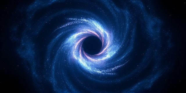 Una representación abstracta de una galaxia espiral distante, con un núcleo oscuro y silencioso. Destellos de luz distorsionados alrededor del centro, evocando el efecto de lente gravitacional. Colores fríos y profundos: azul, morado, negro. Textura etérea y onírica.