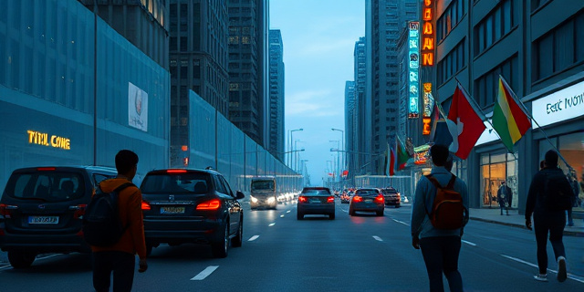 Una escena urbana de una ciudad europea en la que se ve una frontera simbólica: un muro translúcido que separa dos calles, con vehículos de diferentes banderas circulando por la mitad derecha. La atmósfera es tensa, con luces de neón que parpadean y siluetas de personas con mochilas de viaje, sin mostrar rostros identificables.