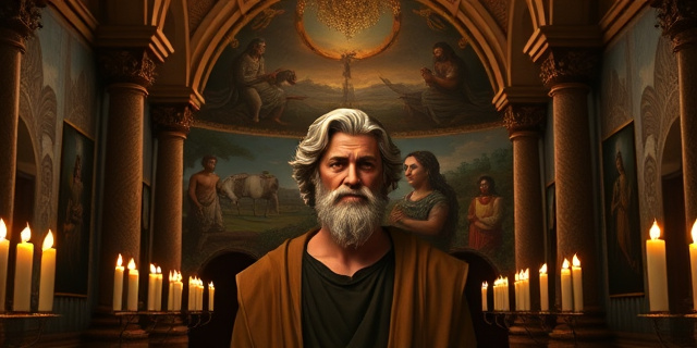 Un salón de arte gótico iluminado por velas, con murales que representan a un hombre de tez clara, cabellos ondulados y barba, vestidura europea de la época romana, contrastado con escenas de colonización y símbolos de esclavitud, sin rostros reales, sin texto, con colores apagados y una atmósfera solemne
