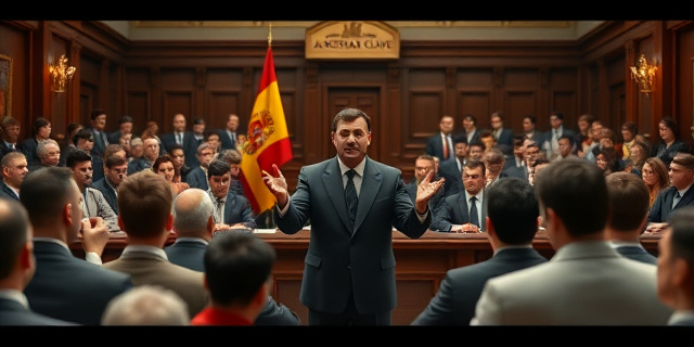 Una sala de justicia llena de personas, con un magistrado en el centro, hablando con pasión y convicción. Al fondo, una bandera española y un letrero que dice 