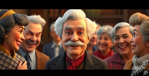 Una imagen de Mark Twain sonriendo mientras piensa en su frase sobre nacer a los 80 años y acercarse a los 18, rodeado de personas de diferentes edades sonriendo y riendo juntas.
