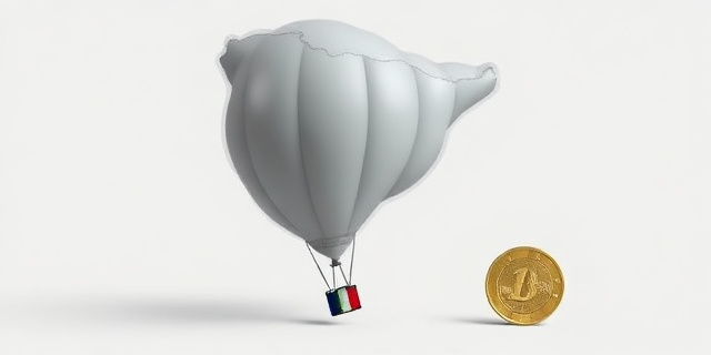 Una ilustración conceptual y satírica. Un mapa de Cataluña representado como un globo gigante que se infla mucho pero que está hecho de un material delgado y transparente, empezando a agrietarse. A su lado, una moneda de euro pequeña y desgastada. Estilo editorial de revista económica, colores sobrios con contrastos fuertes, fondo minimalista.
