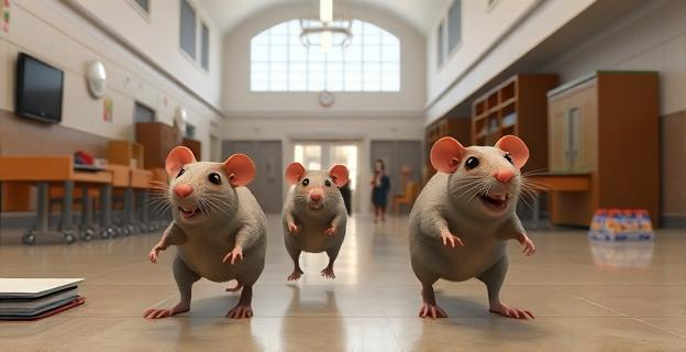 Imagen de ratas moviéndose por un edificio público con mobiliario y material escolar