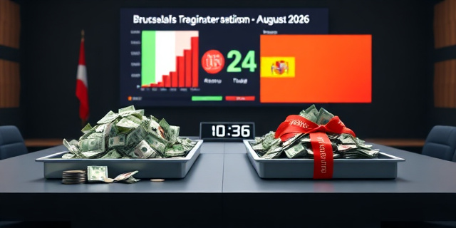 
  Una mesa de negociación en Bruselas con dos bandejas de dinero: una llena hasta el borde (Italia, con billetes y monedas esparcidas como confeti) y otra casi vacía (España, con papeles amontonados y un sello de 