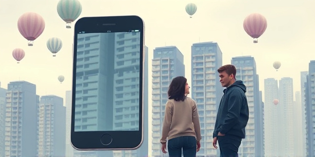 Una ilustración conceptual y satírica que muestra un smartphone gigante actuando como un muro infranqueable entre dos jóvenes adultos. Al fondo, edificios de apartamentos con precios exorbitantes flotando como globos. Estilo editorial moderno, colores fríos y contrastados, atmósfera de soledad urbana digital.