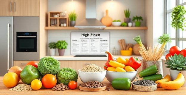 Imagen de una cocina moderna con diversos alimentos ricos en fibra como verduras, frutas, cereales integrales, legumbres y semillas. Un gráfico o tabla nutricional muestra los beneficios de la fibra para la salud.