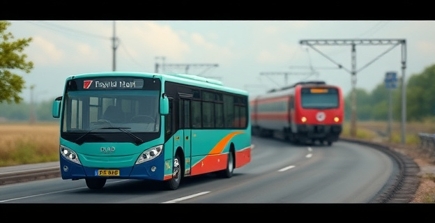 Una empresa de transporte ferroviario creando una flota de autobuses para asegurar el servicio durante cortes en las vías. Un autobús circulando por una carretera mientras al fondo se ve un tren detenido.